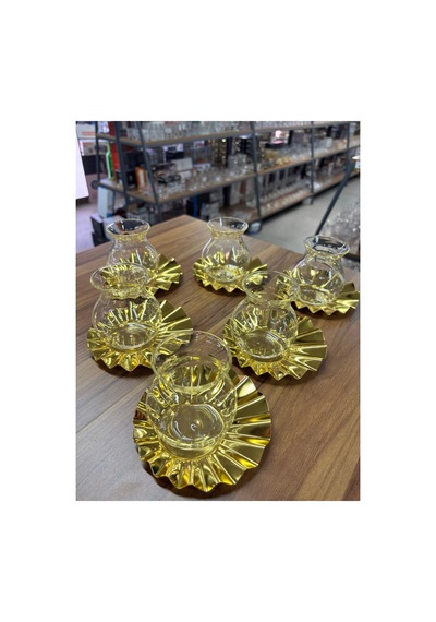 Metal Bardak Altlığı,cam Tiryaki Bardaklı Çay Seti,6 Kişilik12parça Çay Takımı,lüks,metal Çay Tabağı Gold