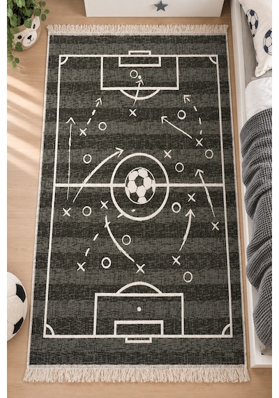 Lorvian Noletti Çocuk Odası Kilimi Pamuklu Futbol Sahası Desenli Makinede Yıkanabilir Uygun Kilim Evm26829a Renkli