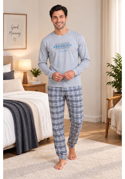 Wordex Falkom 5804 İnterlok Kışlık Kalın Kumaşlı Ekose Pijamalı Erkek Ev Pijama Takımı Gri