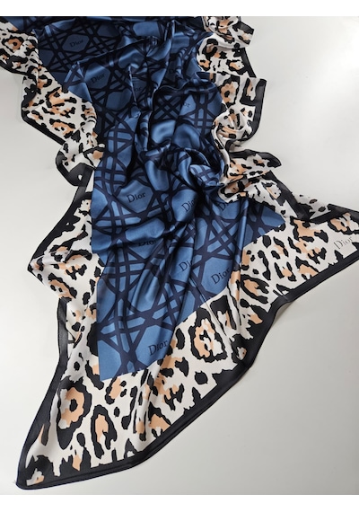 Miorel Scarfs Leopar Tema Cd Tema Vual İpek Şal Aksesuar Fular Silk Scarfs Shawl Hijab Mavi