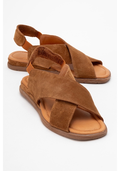 Luvishoes 706 Hakiki Deri Taba Suet Kadın Sandalet Taba