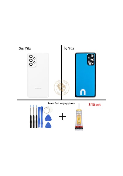 Samsung Galaxy A73 Beyaz Renk Lensli Arka Kapak + Tamir Seti + B7000 Yapıştırıcı Arka Cam Batarya Kapağı Pil Kapağı Lazer Kesim Back Cover Galaxy A73 Uyumlu 32213131