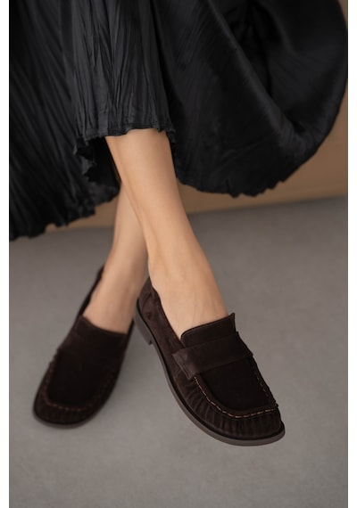 Selin Shoes Blaine Hakiki Deri Büzgülü Küt Burun Kadın Loafer- Kahve Süet Kahverengi