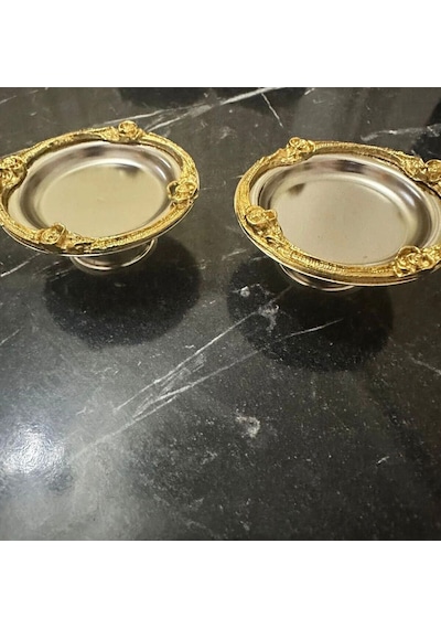 2'li Kahve Yanı Lokumluk Gold Gümüş Gül Detaylı Dekoratif Lokumluk Nişan Söz Kahve Yanı Şekerlik Gold - Gümüş