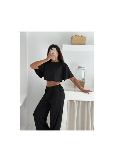 Gugus Yazlık Takım - Alt Üst Kadın Dokulu Kumaş -baggy Pantolon + Salaş Üst Siyah