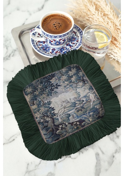 Barok Lüks Saçaklı Şık Servis Mendili - Doğa Manzara Klasik Vintage Yeşil Kahve Altı Tepsi Peçetesi Çok Renkli