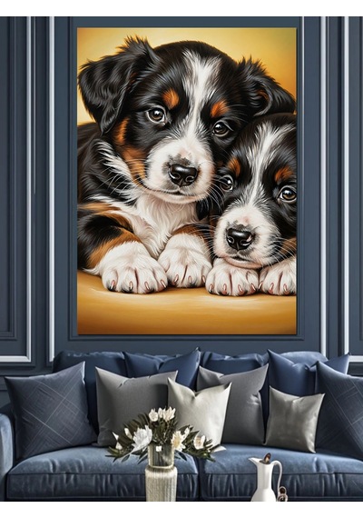 Ahşap Tablo İki Yavru Köpek Sevimli Dostluk