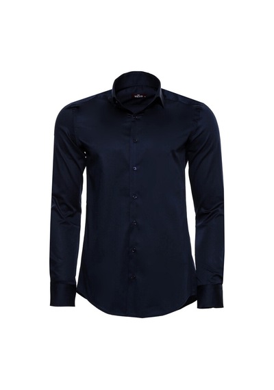Pamuk Saten Slim Fit Uzun Kollu Düz Lacivert Erkek Gömlek 001