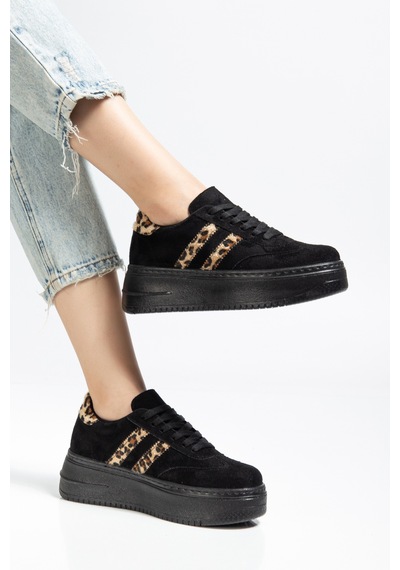 Bahrina Kadın Kalın Tabanlı Sneaker Siyah Süet Leopar
