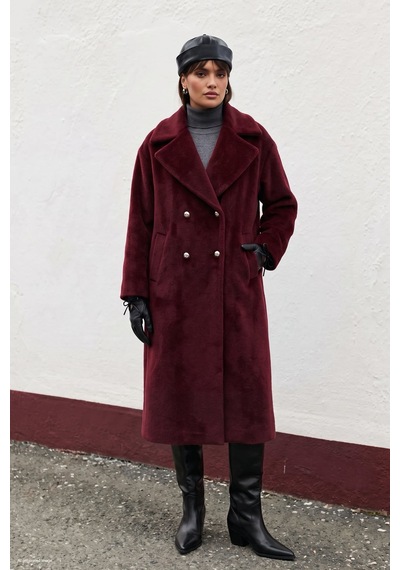 Sateen Uzun Düğme Detaylı Kaban - Bordo-138137