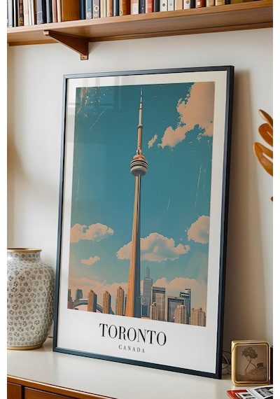 Toronto Canada Vintage Seyahat Posteri Çerçeveli Tablo - Premium Cn Tower Elit Duvar Dekoru Siyah