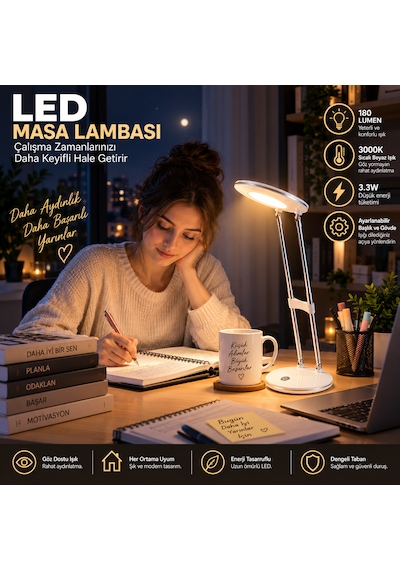 Led Masa Lambası 3.3w 180 Lumen 3000k Sıcak Beyaz Ayarlanabilir Başlıklı Çalışma Ve Ders Lambası