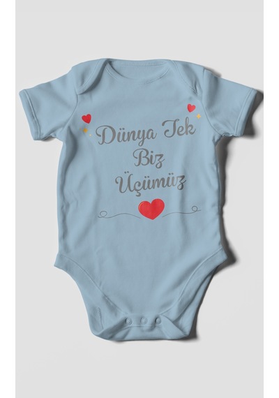 Morivokids Dünya Tek Biz Üçümüz Kısa Kollu Bebek Body %100 Pamuk Bebe Mavisi