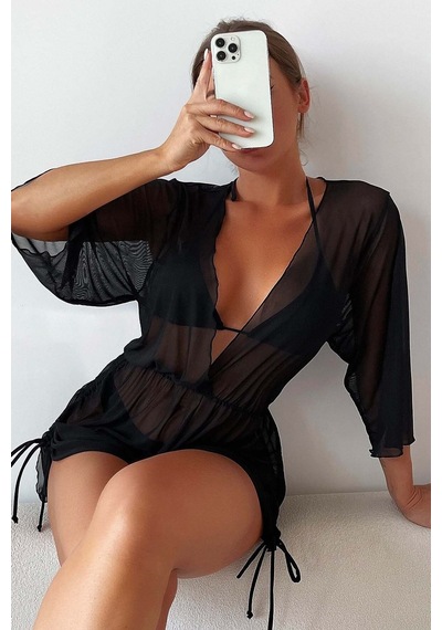 Angelsin Şifon Pareo Plaj Elbesi Cover Up Kimono Siyah 001