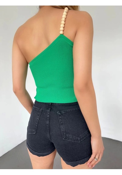 Saklımoda Ahşap Boncuk Detaylı Askılı Triko Bluz Yeşil - Df2303 Çok Renkli
