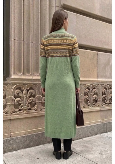 Onno Style Women Kilim Desen Uzun Triko Kadın Hırka Turkuaz