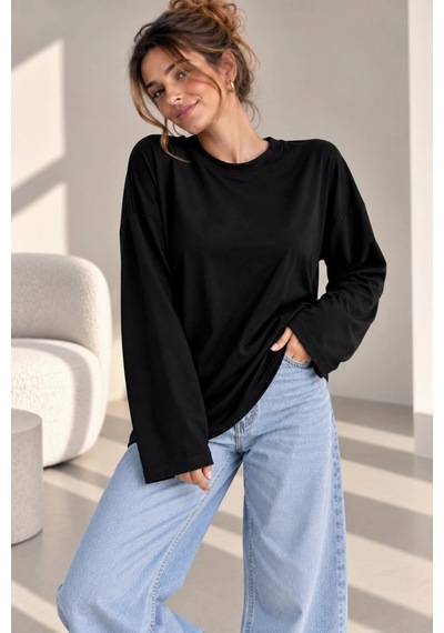Bb Butik Basic Kadın Modal Oversize Bisiklet Yaka Sweatshirt Zg3535 siyah