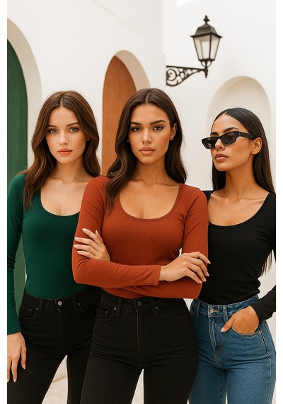 Rich Kadın Koyu Yeşil-bordo-siyah 3'lü Paket U Yaka Uzun Kollu Bluz Bordo - Yeşil
