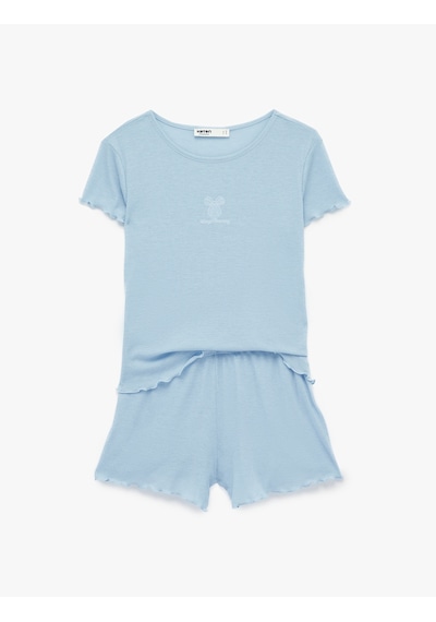 Koton Kaşkorse Fiyonk İşleme Detaylı Şortlu Pijama Takımı Mavi 6slk40092mk