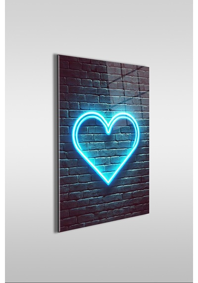 Neon Stil Mavi Kalp Dikey Cam Tablo