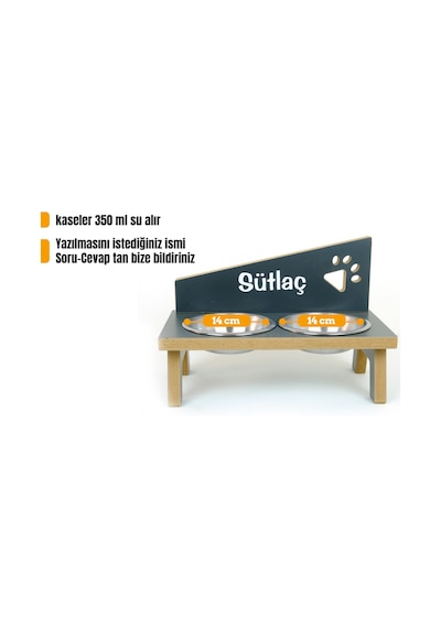 Realwood Ahşap Çelik Kaseli Özel İsim Baskılı Kedi Köpek Mama Su Kabı 450 ML