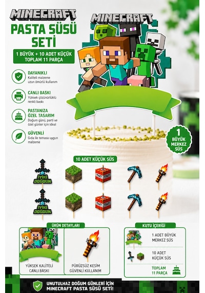 Minecraft Pasta Süsü Seti Büyük Figür Ve 10'lu Kürdan Dekoru Doğum Günü Süsü +3