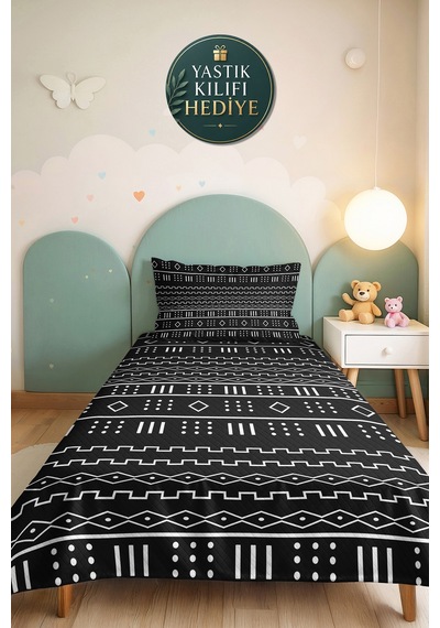 Siyah Geometrik Modern Genç Odası Tek Kişilik Pike Takımı - Etnik 160x220 Cm Kapitone Yatak Örtüsü Mistik Kahve Kıyımı