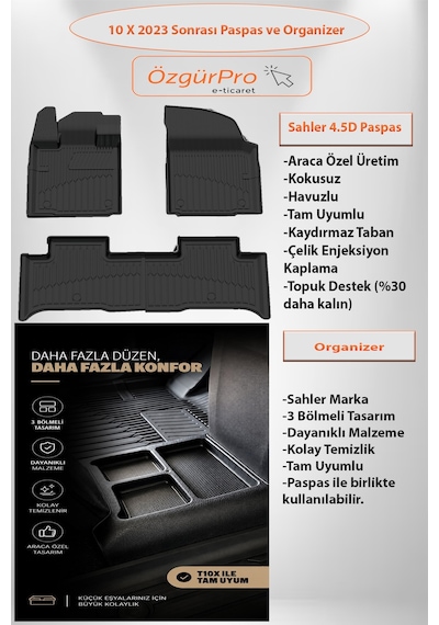 Sahler Tog T10x 2023+ Uyumlu 4.5d Pro Premium Havuzlu Oto Paspas Ve Organizer