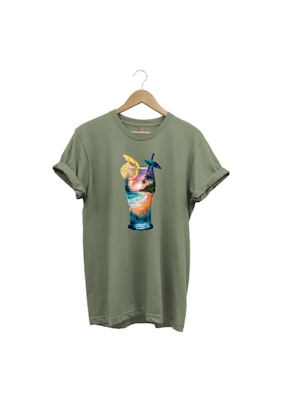 Summer Yaz Havasa Ve Kokteyl Baskılı %100 Pamuk Unisex Regular Fit T-shirt Haki