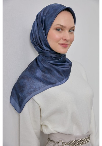 Silk Home Polyester Karışımlı Shiny Eşarp İndigo Etnik Desenli Parlak Dokulu 90x90 Çok Renkli