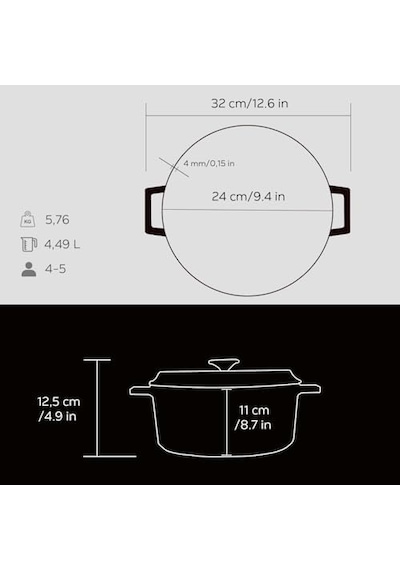 Metal Döküm Yuvarlak Tencere, 24 Cm, Siyah 12v