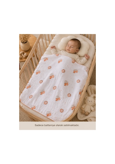 Unisex Bebek Beyaz Hayvan Desenli Müslin Örtü Ve Battaniye 85x90 Cm %100 Pamuk