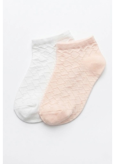 Cocole Socks Kız Bebek Patik Çorabı 2'li Set Pamuklu Beyaz & Somon Baklava Desenli Çok Renkli
