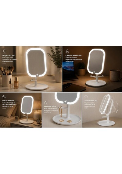 Tr Led Işıklı Makyaj Aynası 3 Modlu Usb Şarjlı Beyaz Kare Taşınabilir Açı Ayarlı Güzellik Ayna 18 X 14 Cm Genel