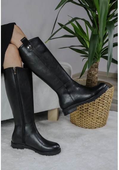 Asmi Shoes Kadın Milano Diz Boyu Çizme Siyah Cilt Siyah