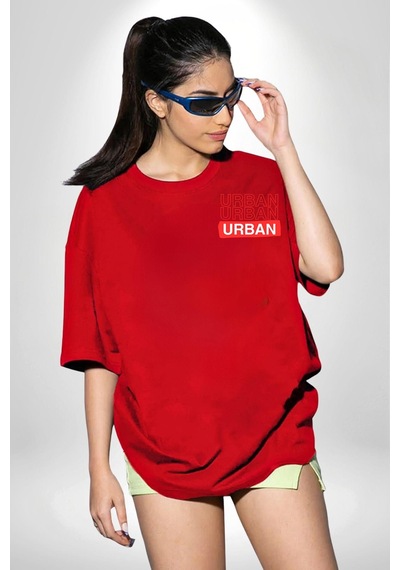 Şehir Sokak Stili Melek Heykeli Kırmızı Oversize Unisex Ön Ve Sırt Baskılı Tişört Kırmızı