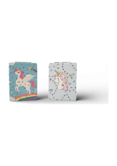 Kadın İkili Cep Aynası Gökkuşağı Ve Unicorn Tasarımlı Çok Renkli