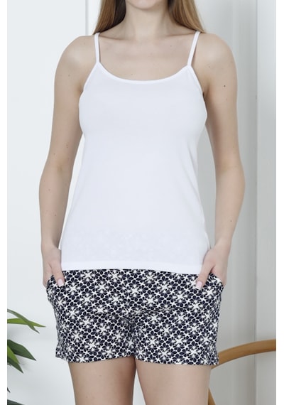 Nicoletta Kadın Şortlu Pijama Takımı İp Askılı Pamuklu Likralı Cepli Beyaz Nıc1073 R01 Beyaz