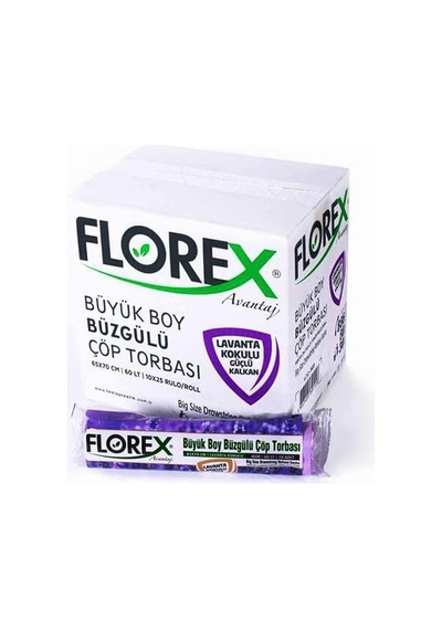 Florex 60 Litre Büzgülü Lavanta Kokulu Çöp Torbası Poşeti / 65 X 70 Cm. - 10x5 Rulo/paket