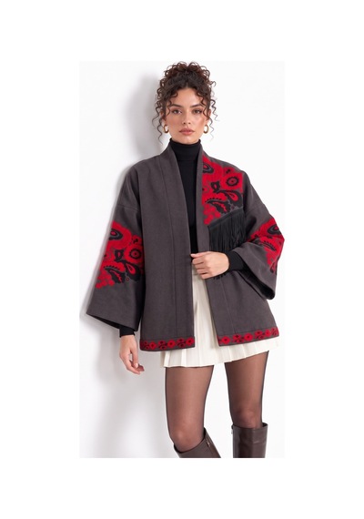 Saade Füme Etnik Çiçek Nakışlı Püsküllü Kimono Ceket Fume