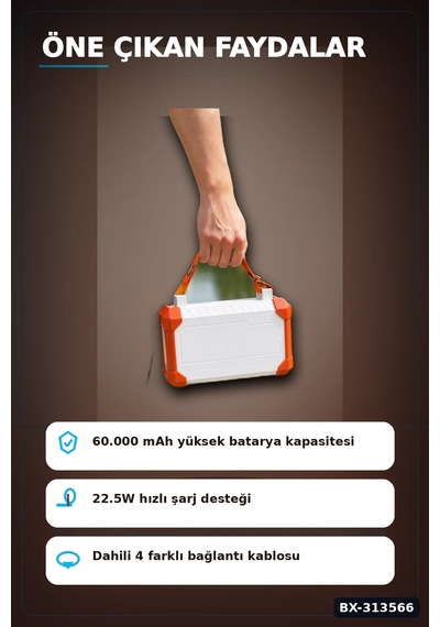 Acil Durum Işıklı 60000 Mah Powerbank - 4 Kablolu 22.5w Hızlı Şarj, Taşıma Saplı Bx-313566 Çok Renkli