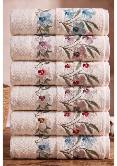 6'lı Çiçek Nakışlı El & Yüz Havlu Seti 50x90cm %100 Pamuk Emici, Yumuşak, Çeyizlik Lüks Havlu Krem