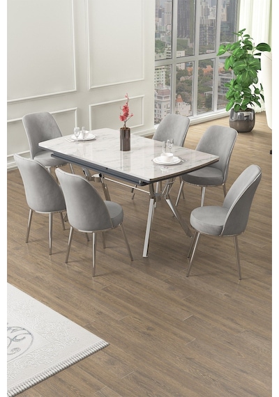 Canisa Poy Serisi 89x150 Açılabilir Lak Panel Beyaz Mermer Desen Masa Takımı 6 Gri Sandalye Beyaz Mermer Desen Masa Sandalyeler Gri Canisa Poy Serisi 89x150 Açılabilir Lak Panel Beyaz Mermer Desen Masa Takımı 6 Gri Sandalye Beyaz Mermer Desen Masa Sandalyeler Gri