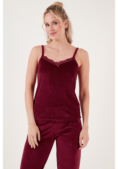 Lela Regular Fit Dantelli Yumuşak Dokulu Sabahlıklı Kadife Bayan Pijama Takımı 6095545 Bordo