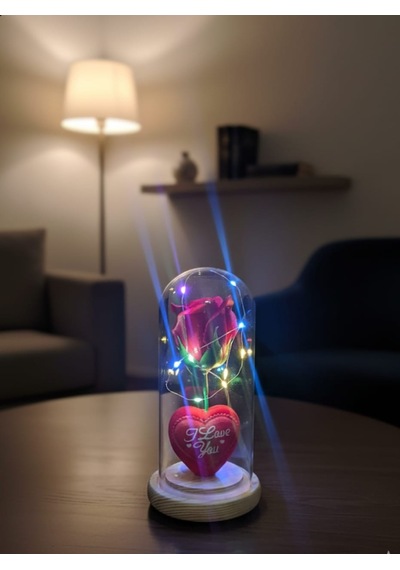 Işıklı Kalpli Güllü Özel Cam Fanus Seni Seviyorum Yazılı Ledli 17 Cm Kırmızı