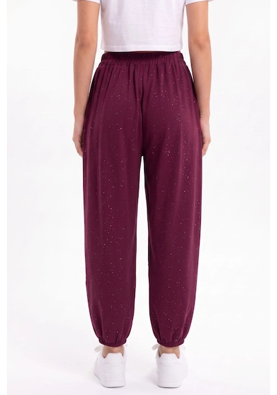 CEMO Beli Ve Paçası Lastikli Simli / Işıltılı Siyah Şalvar Pantolon Bordo