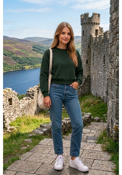 Luxıc Core Kadın Crop Bisiklet Yaka Sweatshirt Pamuklu Yumuşak Dokulu Günlük Spor Sweatshirt Yeşil