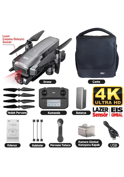 SJRC F22 S2 Pro+ 4K Kameralı Drone Seti - 6KM Menzil+Çarpışma Sensörü+40 Dakika Uçuş Süresi+Çanta+EIS Gimbal