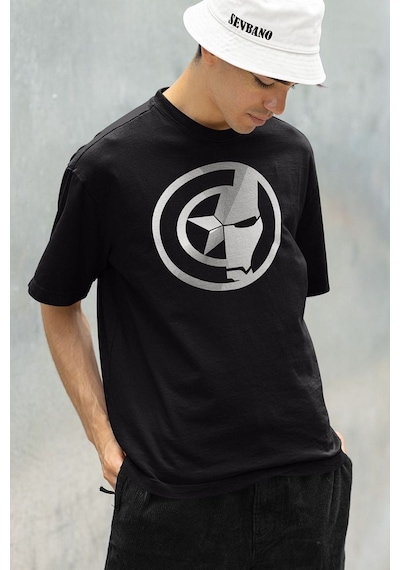 Marvel Kaptan Amerika Iron Man Baskılı Unisex Oversize Tişört Siyah