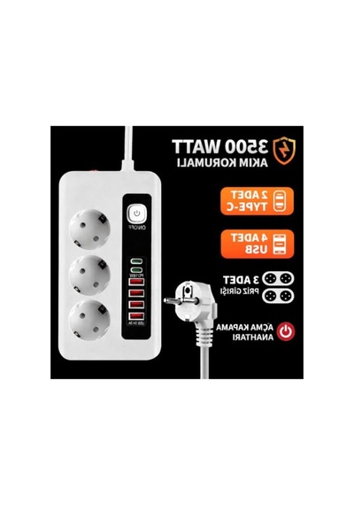 3500w Akım Korumalı Çoklu Priz, 3 Priz Girişi, 2 Type-c + 4 Usb Port
